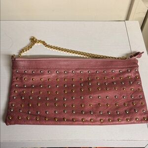 Popcorn Italian leather Studded Pink Clutch with Gold Chain